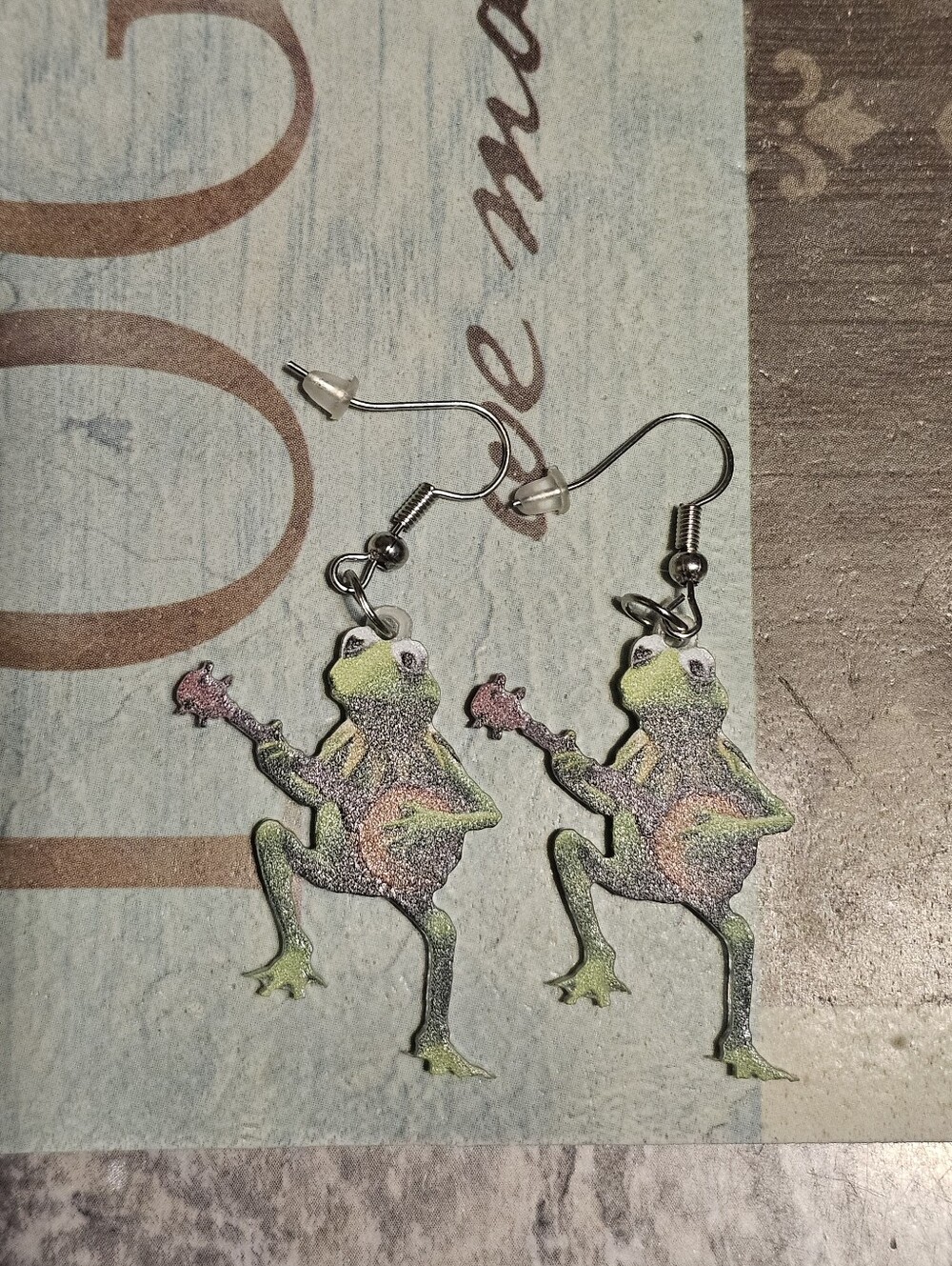 Silver Tone Kermit The Frog Dangle Earrings